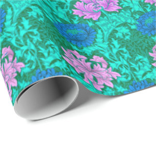 Papel De Regalo Crisantemos William Morris, Aqua y Violet