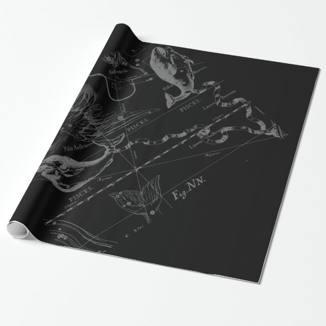 Papel De Regalo Cromo como Pisces Zodiac Rótulo en Hevelio Negro (Desenrollado)