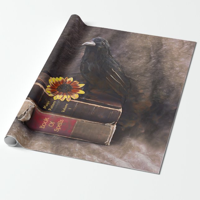 Papel De Regalo Crow Gothage Viejos Libros Floral de girasol (Desenrollado)