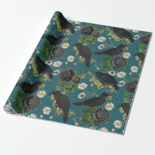Papel De Regalo Crows de gótico y Rosas negros Patrón Verde azulad