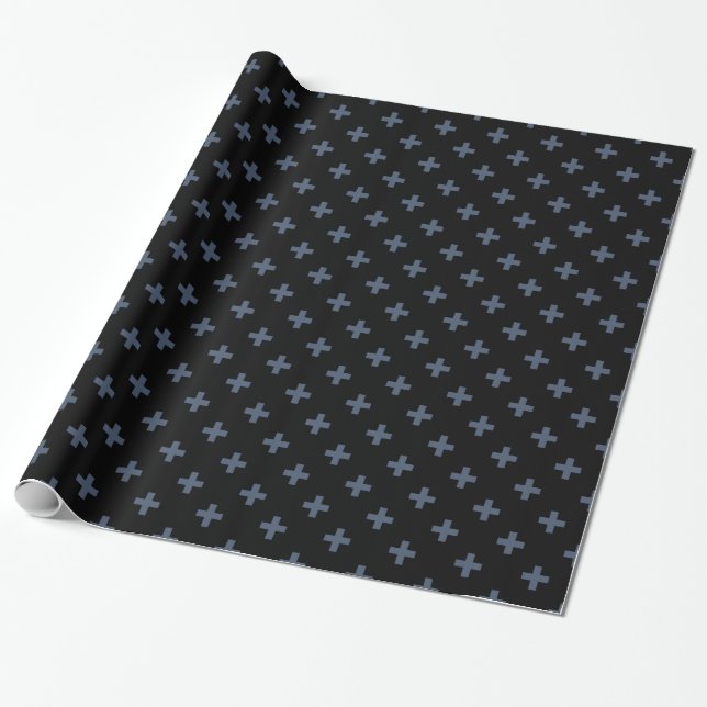 Papel De Regalo Cruces de polka azul-gris sobre negro (Desenrollado)