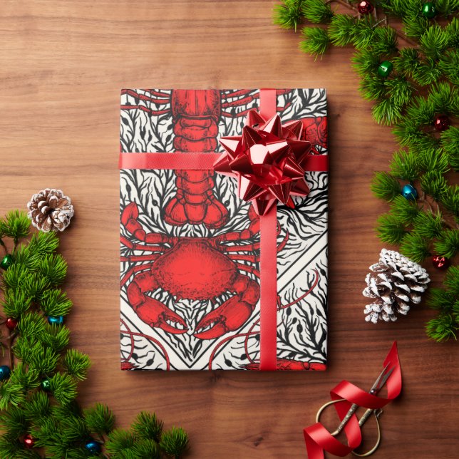 Papel De Regalo Crustáceo en rojo, negro y marfil (Regalo de vacaciones)