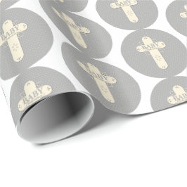 Papel De Regalo Cruz crema y gris para dedicación de bebé