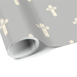 Papel De Regalo Cruz crema y gris para dedicación de bebé