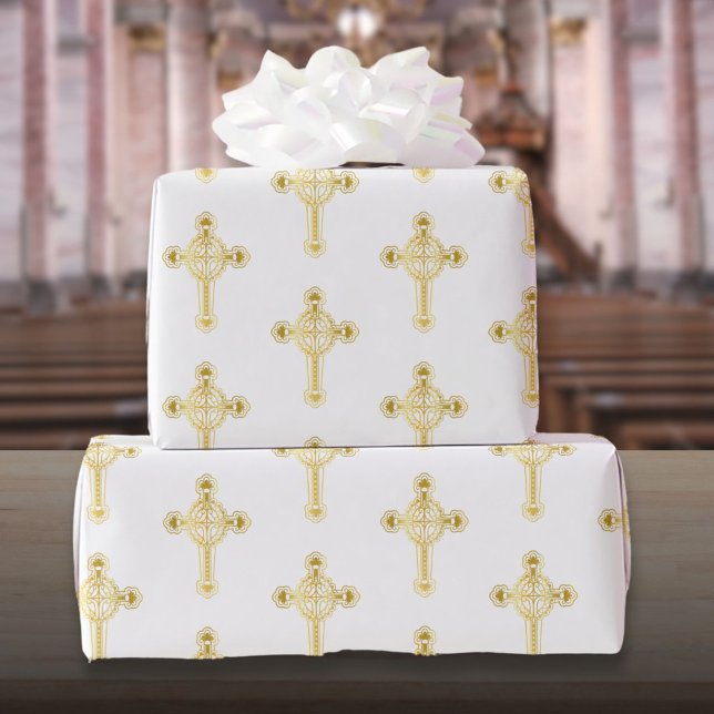 Papel De Regalo Cruz cristiana de oro Bautizo Bautismo Comunión (Christian Gold Cross Baptism Christening Communion Wrapping Paper)