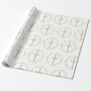 Papel de regalo cruz cristiana guirnalda de oro
