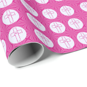 Papel De Regalo Cruz Cristiana Zig-Zag Rosa Brillante Blanca