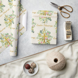 Papel De Regalo Cruz de oro y rosas rosadas personalizado Pascua