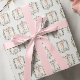 Papel De Regalo Cruz de Primera Comunión floral con lazo rosa
