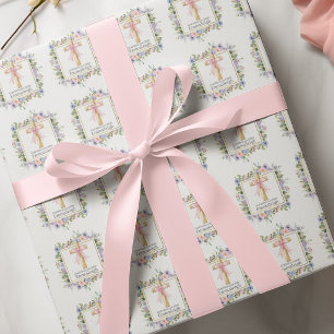 Papel De Regalo Cruz de Primera Comunión floral con lazo rosa