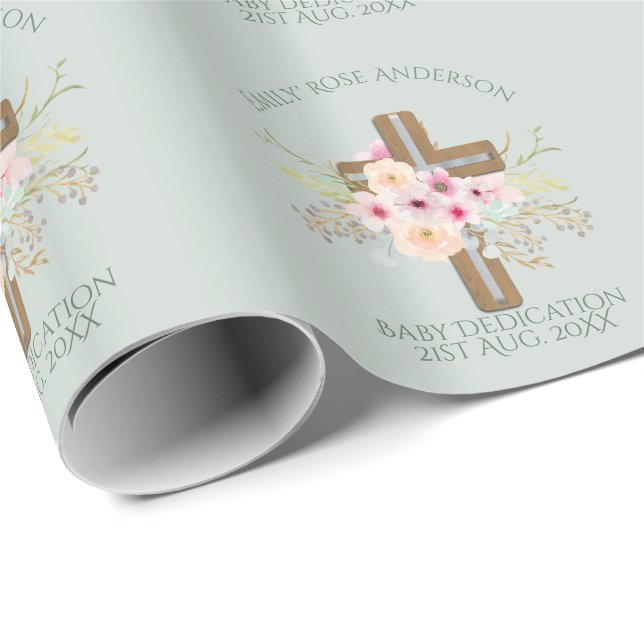 Papel De Regalo Cruz floral de dedicción de BEBÉ personalizada (Esquina del rollo)