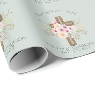 Papel De Regalo Cruz Floral de la Santa Comunión Personalizada