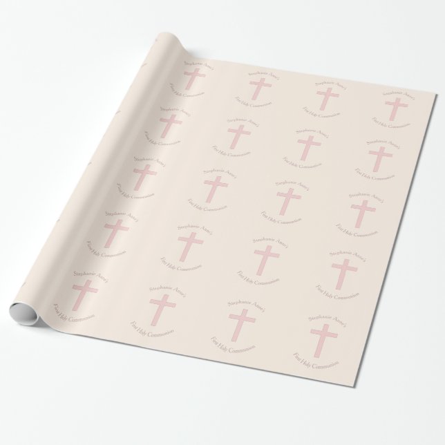 Papel De Regalo Cruz rosa Pastel de la Comunión (Desenrollado)