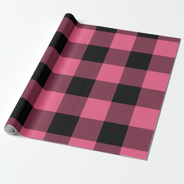 Papel De Regalo Cuadrados de búfalo rosados y negros (Desenrollado)