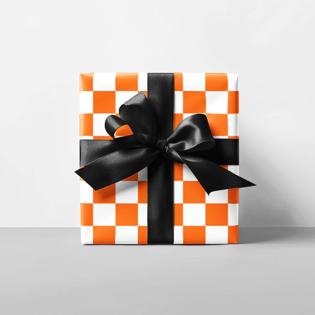 Papel De Regalo Cuadrados de naranja y cuadros blancos (Orange and White Checkered Squares Wrapping Paper)