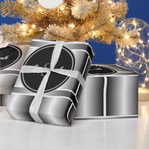 Papel De Regalo Cuadrados geométricos monogramados en blanco y pla