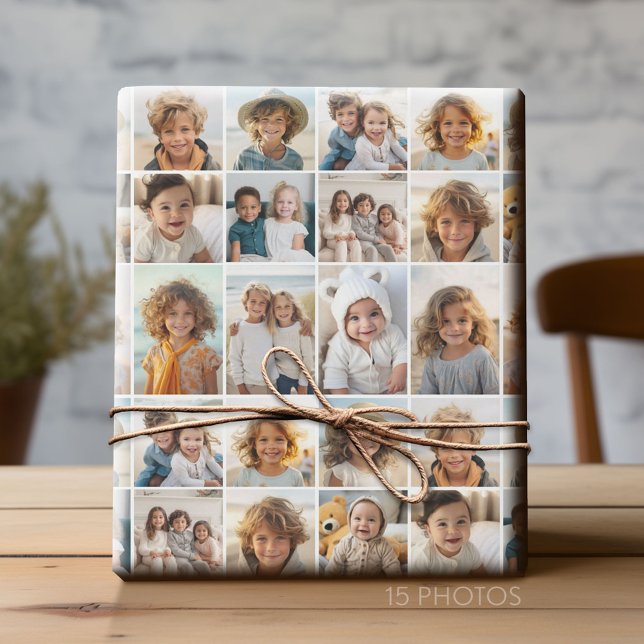 Papel De Regalo Cuadrícula de 15 Collages de fotos - fondo blanco (Custom Photo Collage Wrapping Paper - All Occasion)