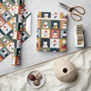 Papel De Regalo Cuadrícula Texturizada de Muñecos de Nieve Festivo