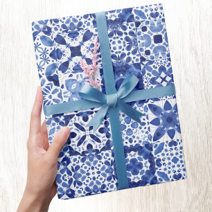 Papel De Regalo Cuadros de agua del patrón de mosaico blanco azul 