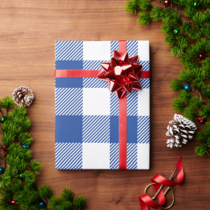 Papel De Regalo Cuadros de búfalo blancos y azul real de Navidad
