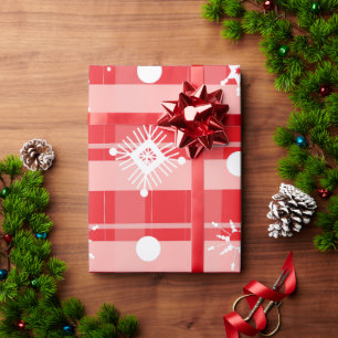 Papel De Regalo Cuadros de Navidad Rosa Rojo Copos de Nieve