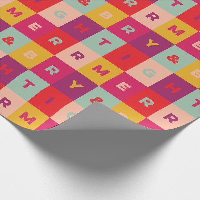 Papel De Regalo Cuadros de rosa rojo aqua amarillo alegres y brill (Esquina)