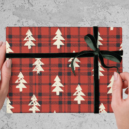 Papel De Regalo Cuadros Escoceses Rojos Clásicos de Navidad Pinos