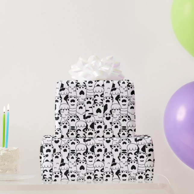 Papel De Regalo Cuadros Patrón de hojas de gatos Blanco negro (Regalos de fiesta)