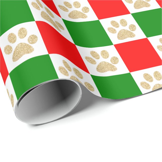 Papel De Regalo Cuadros Purpurina de oro Impresión Verde Rojo Cheq (Esquina del rollo)