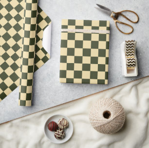 Papel De Regalo Cuadros Retro en Verde Oliva y Crema