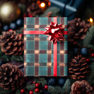 Papel De Regalo Cuadros Teal y Marrón – Tartán Navideño Rústico