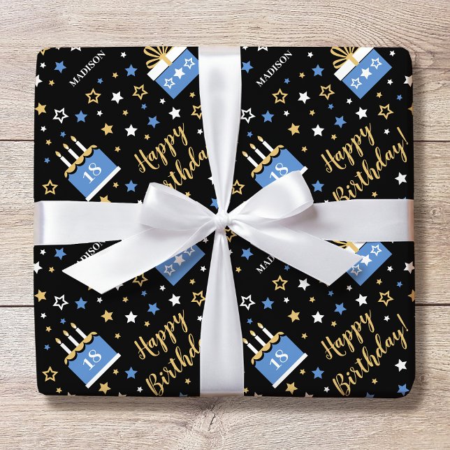 Papel De Regalo Cualquier edad Feliz Cumpleaños Pastel Azul Negro (Subido por el creador)