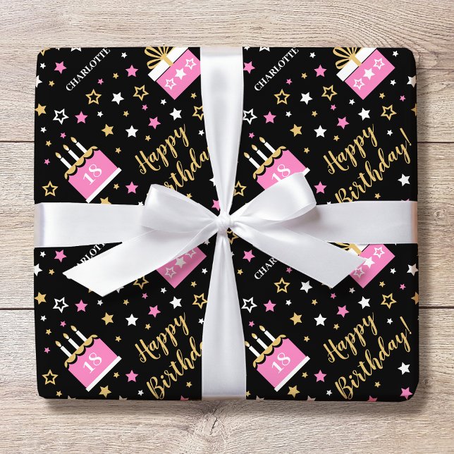 Papel De Regalo Cualquier edad Feliz cumpleaños Pastel Rosa Negro (Subido por el creador)