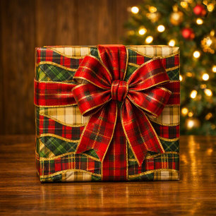 Papel De Regalo Cuarteado de Navidad con Satén Dorado en Punto de