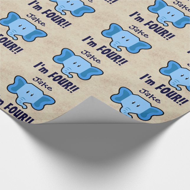 Papel De Regalo Cuarto cumpleaños con cara de elefante azul dulce  (Esquina)