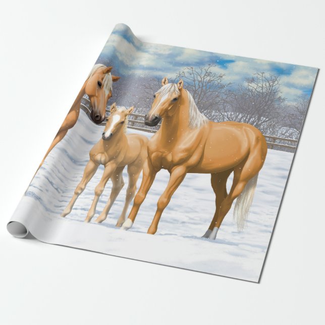 Papel De Regalo Cuatrimestre Palomino De Caballos En Nieve De Invi (Desenrollado)