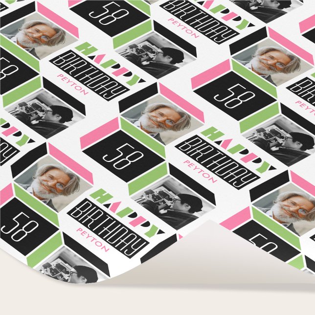 Papel De Regalo Cubo retro de cumpleaños foto 58º blanco verde ros (Subido por el creador)