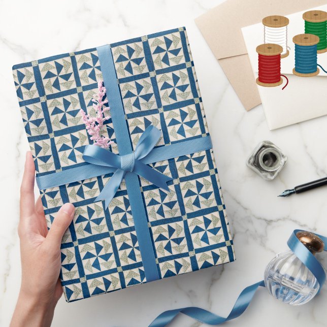 Papel De Regalo Cuchillo de diseño de patrones de mollejas azul y  (Beautiful blue and white patchwork quilt pattern gift wrap. Fresh and unique!)