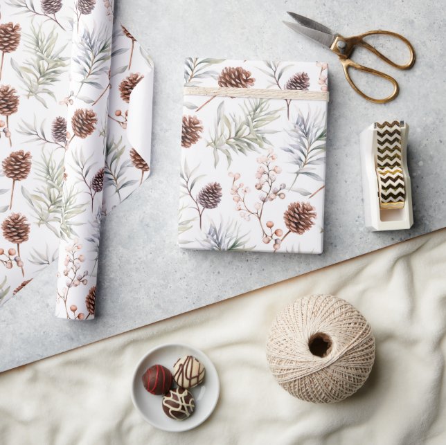 Papel De Regalo Cuello de agua Conos de pino y ramas con bayas (Artesanía)