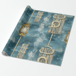 Papel De Regalo Cuerda de Linterna Náutica Patrón Azul Costero (1)