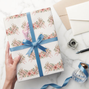 Papel De Regalo Cuerna de Ciervo de Otoño con Rosas Rosadas