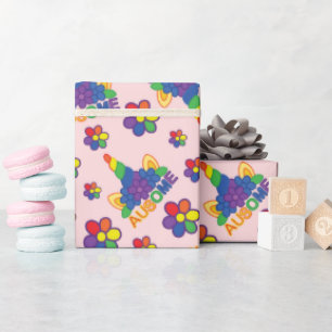 Papel De Regalo Cuerno de Unicornio Ausome Flores Coloridas Regalo