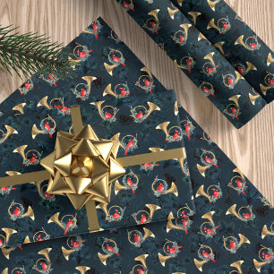 Papel De Regalo Cuernos de Navidades de oro con cardenales azul os