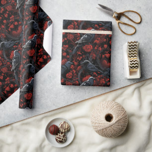 Papel De Regalo Cuervos negros góticos y rosas rojas