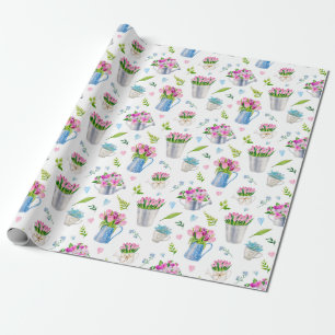 Papel De Regalo Cuidada acuarela Primavera Patrón de flores Feliz 