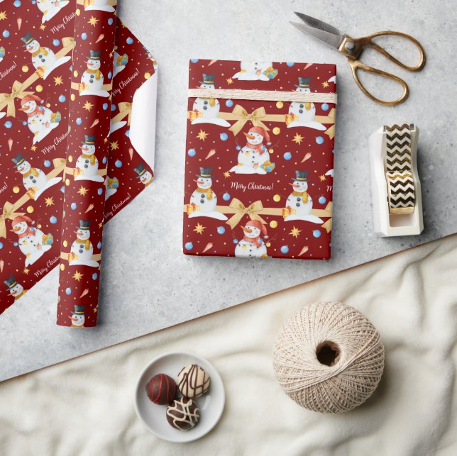 Papel De Regalo Cuidada acuarela Snowmen con cinta dorada roja (Artesanía)
