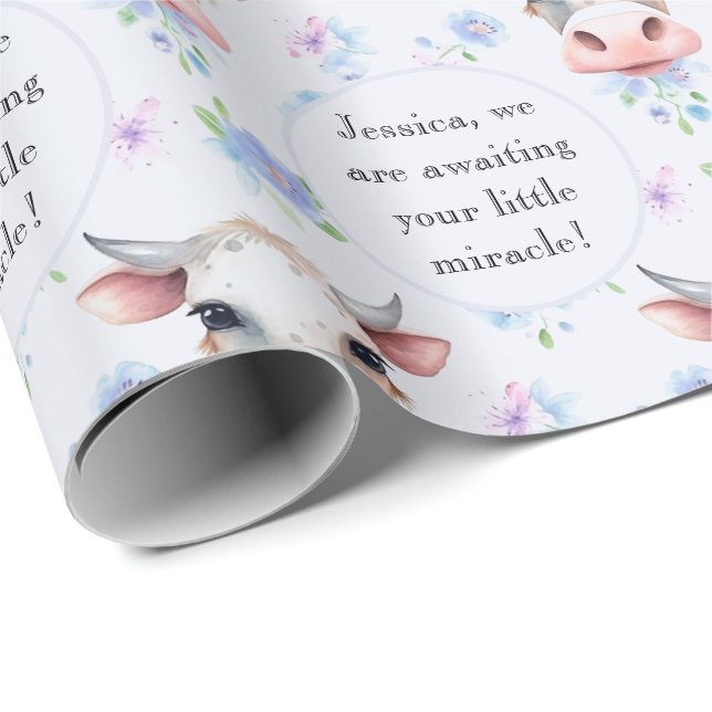 Papel De Regalo Cuidada azul acuarela estilo Cow Farm Animal Texto (Esquina del rollo)