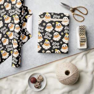 Papel De Regalo Cuidada Halloween Fantasma Retro Spooky Boo Negro