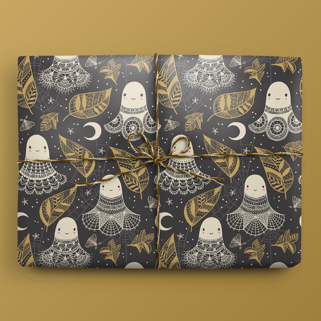 Papel De Regalo Cuidada Halloween Ghosts Lace - Oro (Gift Mockup)