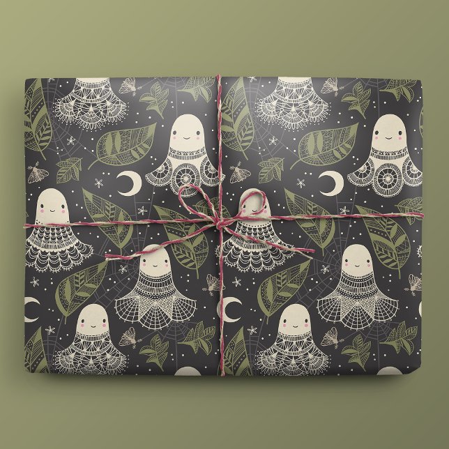 Papel De Regalo Cuidada Halloween Ghosts Lace - Verde (Gift Mockup)